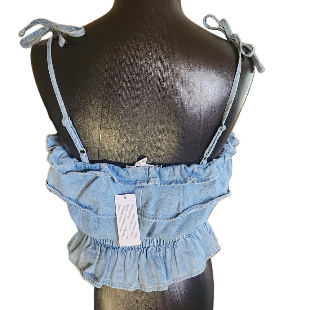 American Eagle Womens Blue Ruffled Denim Sleeveless Crop Top Shirt Extra Small - Picture 5 of 8